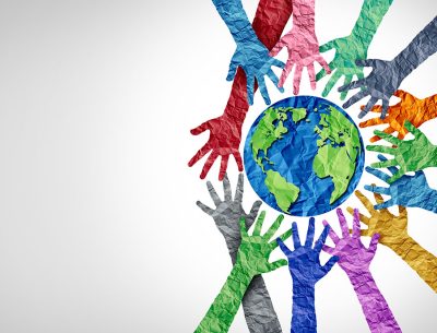 Global culture and world diversity or earth day and international cultures as a concept of diverse races and crowd cooperation symbol as hands holding together the planet earth.